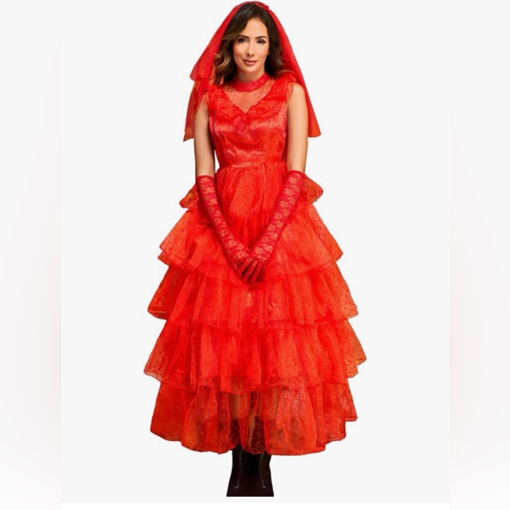 Red Wedding Dress 80s Prom Tulle Dress Costume, Women Size XL